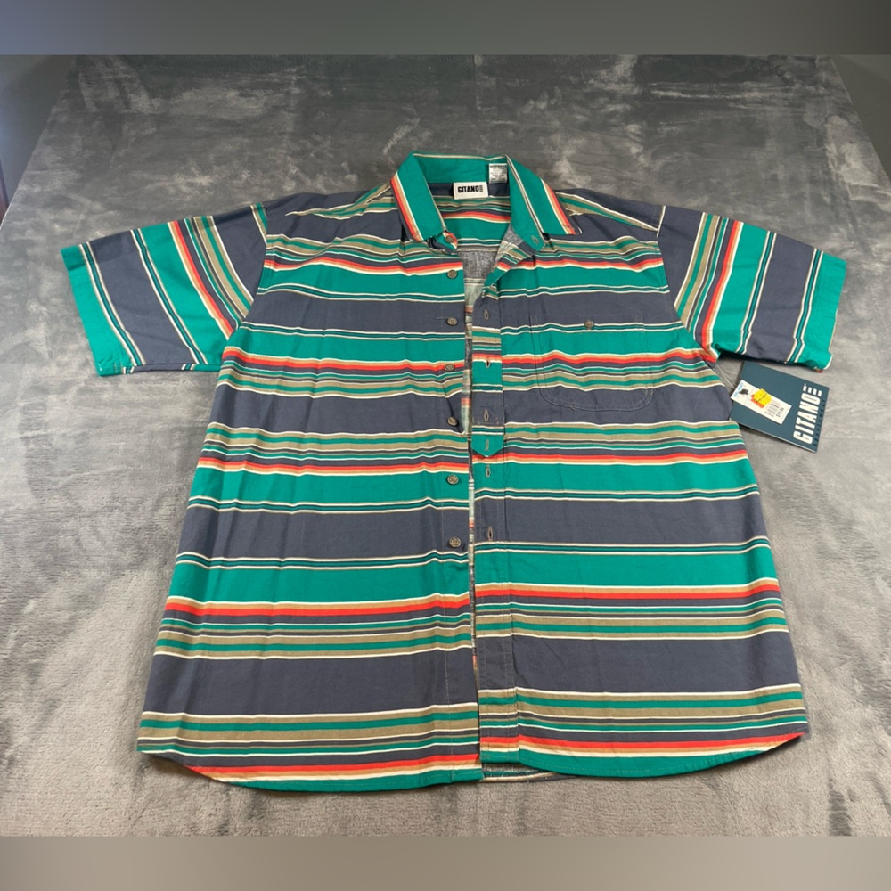 Striped Button-Up Shirt in Teal, Navy & Red Gitano VTG NWT M